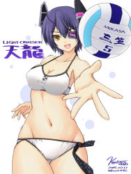 Rule 34 | 10s, 1girl, ball, bikini, breasts, eyepatch, female focus, headgear, highres, kantai collection, large breasts, mikasa sports, playing sports, purple hair, short hair, simple background, solo, swimsuit, tenryuu (kancolle), volleyball, volleyball (object), yellow eyes, yoshimura kentaro