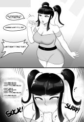 Rule 34 | 1girl, 1other, abarus, absurdres, blush, breasts, clothed sex, english text, fellatio, highres, hypnosis, long hair, medium breasts, mind control, monochrome, oral, penis, pill, pov, rolling eyes, saliva, speech bubble, twintails
