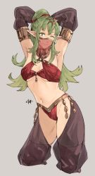 Rule 34 | 1girl, ;), absurdres, alternate costume, armpits, arms up, bare shoulders, breasts, commentary request, cosplay, cropped legs, dancer, detached sleeves, fire emblem, fire emblem awakening, fire emblem heroes, green eyes, green hair, grey background, groin, harem pants, headpiece, highres, long hair, looking at viewer, medium breasts, midriff, mouth veil, navel, nintendo, olivia (fire emblem), olivia (fire emblem) (cosplay), one eye closed, pants, pointy ears, ponytail, sakuremi, see-through, see-through sleeves, sidelocks, simple background, smile, solo, standing, stomach, thighs, tiki (adult) (fire emblem), tiki (fire emblem), veil