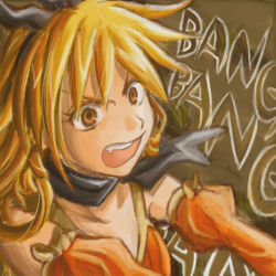 Rule 34 | 1girl, blonde hair, bow, breasts, brown eyes, detached sleeves, dress, drill hair, freckles, hair ribbon, hairband, long hair, maya schrodinger, open mouth, orange dress, ribbon, sidelocks, solo, wild arms, wild arms 1