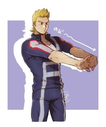 Rule 34 | 1boy, :o, bad id, bad twitter id, blonde hair, blue eyes, boku no hero academia, cropped legs, highres, jacket, mahoubin (totemo hot dayo), male focus, own hands together, pants, pectorals, short hair, short sleeves, sideburns, solo, spiked hair, stretching, togata mirio, toned, toned male, track jacket, track pants