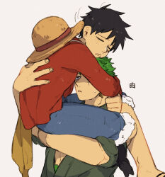 Rule 34 | 2boys, akr29, arms around neck, bandana, bandana around arm, black bandana, black eyes, black hair, blue shorts, carrying, carrying person, closed eyes, closed mouth, coat, earrings, facial scar, feet out of frame, green coat, green hair, grey background, hand on another&#039;s back, haramaki, hat, hat on back, head rest, highres, jewelry, leg lock, long sleeves, male focus, monkey d. luffy, multiple boys, one eye closed, one piece, open clothes, red sash, red shirt, roronoa zoro, sad, sandals, sash, scar, scar across eye, scar on cheek, scar on face, shirt, short hair, shorts, sideburns, simple background, single earring, straw hat, sweatdrop, toned, toned male, upper body, yellow sash