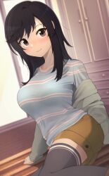 Rule 34 | 1girl, black hair, black thighhighs, blush, breasts, brown eyes, brown shorts, commentary, feet out of frame, green jacket, highres, ichijou hotaru, jacket, large breasts, long hair, looking at viewer, non non biyori, off shoulder, shirt, shorts, sitting, smile, solo, striped clothes, striped shirt, swept bangs, tennosuke (tejons), thighhighs
