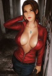 Rule 34 | 1girl, arm up, belt, black belt, blue eyes, blue pants, breasts, brown hair, capcom, claire redfield, cleavage, gun, handgun, highres, holding, holding gun, holding weapon, jacket, jewelry, large breasts, necklace, open clothes, open jacket, pants, parted bangs, parted lips, realistic, red jacket, resident evil, resident evil 2, resident evil 2 (remake), sidelocks, standing, unzipped, weapon, yupachu, zipper pull tab