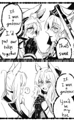 Rule 34 | 4girls, ?, anger vein, animal ear fluff, animal ears, arknights, armor, blemishine (arknights), blush, comic, commentary, english commentary, english text, facing another, flirting, from side, fur-trimmed armor, fur trim, greyscale, headset, high ponytail, hood, hood up, horse ears, horse girl, implied extra ears, kotcate, looking at another, monochrome, multiple girls, nearl (arknights), nearl the radiant knight (arknights), open mouth, platinum (arknights), ponytail, smelling hair, speech bubble, spoken anger vein, viviana (arknights)