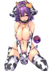 Rule 34 | 1girl, 2021, absurdres, animal collar, animal ears, animal print, areola slip, bell, bikini, black collar, blush, breasts, chinese zodiac, cleavage, collar, cow ears, cow horns, cow print, cow print bikini, fake animal ears, fake horns, gloves, grey background, hair ornament, half-closed eyes, halterneck, happy new year, heart, heart-shaped pupils, heart hair ornament, highres, horns, komeiji satori, large breasts, looking at viewer, navel, neck bell, new year, own hands together, print bikini, print gloves, print thighhighs, purple eyes, purple hair, shadow, short hair, solo, sweatdrop, swimsuit, symbol-shaped pupils, thighhighs, third eye, touhou, transparent background, v arms, white bikini, white gloves, white thighhighs, year of the ox, yukito (dreamrider)