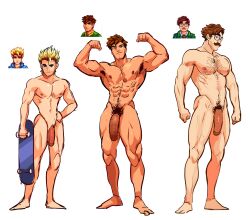 3boys abs absurdres alex_(stardew_valley) armpit_hair bara barefoot blonde_hair brown_hair commentary completely_nude english_commentary flaccid hair_up harvey_(stardew_valley) highres holding holding_skateboard idoraad large_pectorals male_focus multiple_boys muscular muscular_male nipples nude official_art_inset pectorals penis sam_(stardew_valley) short_hair simple_background skateboard standing stardew_valley unfinished white_background