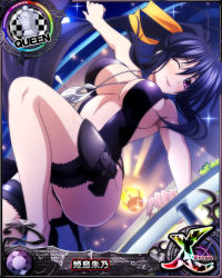 Rule 34 | 1girl, ;p, black hair, breasts, card (medium), character name, chess piece, gun, hair ribbon, high school dxd, high school dxd cross, himejima akeno, jewelry, large breasts, long hair, official art, one eye closed, pendant, ponytail, purple eyes, queen (chess), ribbon, solo, source request, thighs, tongue, tongue out, trading card, very long hair, weapon
