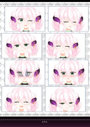 Rule 34 | 1girl, ;d, absurdres, blush, closed eyes, closed mouth, expressions, green eyes, grin, hair between eyes, half-closed eyes, heart, heart-shaped pupils, highres, horns, multiple views, nose blush, one eye closed, open mouth, original, pink hair, pointy ears, shirasu youichi, smile, symbol-shaped pupils, turn pale, twintails