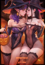 Rule 34 | 2girls, black hair, blush, breasts, candy, choker, cleavage, cleavage cutout, clothing cutout, commentary, curly hair, detached sleeves, earrings, english commentary, english text, fishnets, food, gold earrings, hat, heart, highres, jewelry, kittew, medium breasts, mole, multiple girls, navel, pointy ears, prywinko, pumpkin, purple hair, purple nails, real life, red eyes, sitting, smile, straight hair, thighhighs, wide hips, witch hat, yellow eyes