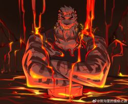 Rule 34 | 1boy, absurdres, animal ears, arknights, bara, burning clothes, closed eyes, crossed arms, facial hair, furry, furry male, goatee, highres, male focus, melting, lava, mountain (arknights), muscular, muscular male, partially submerged, pectorals, scar, scar across eye, scar on arm, short hair, solo, thick arms, thick eyebrows, tiger boy, tiger ears, training, upper body, white hair, yingou li de wenyi zhi yuan