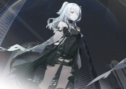 Rule 34 | 1girl, absurdres, arknights, bare shoulders, black choker, black dress, black gloves, building, choker, city, cowboy shot, dress, gloves, hair over one eye, highres, long hair, night, night sky, official alternate costume, outdoors, sky, sleeveless, sleeveless dress, solo, standing, tomimi (arknights), two side up, white hair, yellow eyes, yeyuanqianqianqian