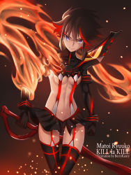 Rule 34 | 1girl, artist name, berrykanry, black background, black gloves, black hair, black skirt, black thighhighs, blue eyes, breasts, character name, closed mouth, copyright name, cowboy shot, fire, garter straps, gloves, hair between eyes, highres, holding, holding sword, holding weapon, kill la kill, looking at viewer, matoi ryuuko, medium breasts, microskirt, midriff, multicolored hair, navel, pleated skirt, red hair, scissor blade (kill la kill), skirt, solo, standing, stomach, sword, thighhighs, two-tone hair, weapon