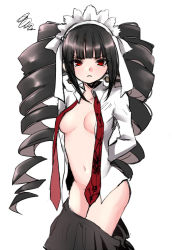 Rule 34 | 10s, 1girl, bad id, bad pixiv id, black hair, blush, celestia ludenberg, collarbone, convenient censoring, danganronpa: trigger happy havoc, danganronpa (series), drill hair, groin, long hair, long sleeves, natsuhachi, navel, necktie, red eyes, skirt, solo, twintails, very long hair, white background