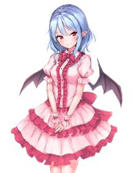 Rule 34 | 1girl, blue hair, blush, bow, bowtie, breasts, commentary, cowboy shot, dress, frilled dress, frilled shirt collar, frills, head tilt, highres, junior27016, layered dress, looking at viewer, medium breasts, no headwear, pink dress, pointy ears, puffy short sleeves, puffy sleeves, red bow, red bowtie, red eyes, remilia scarlet, short sleeves, simple background, smile, solo, standing, touhou, v arms, white background, wrist cuffs