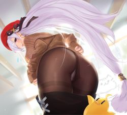 Rule 34 | 1girl, :o, aran sweater, ass, azur lane, belfast (azur lane), belfast (shopping with the head maid) (azur lane), beret, black pantyhose, blush, breasts, brown sweater, cable knit, choker, clothes pull, commentary request, earrings, food, hat, highres, hoop earrings, indoors, jewelry, large breasts, long hair, looking at viewer, manjuu (azur lane), nanam (nanam sk), off-shoulder sweater, off shoulder, panties, panties under pantyhose, pantyhose, silver hair, skirt, skirt pull, solo, sweater, thighband pantyhose, underwear, white panties