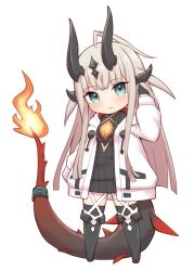Rule 34 | 1girl, ahoge, aqua eyes, arknights, black dress, black footwear, black gloves, black thighhighs, blunt bangs, blush, chibi, commentary request, dragon horns, dragon tail, dress, flame-tipped tail, full body, gloves, grey hair, hand up, head tilt, highres, horns, infection monitor (arknights), jacket, kinakonato, long hair, long sleeves, looking at viewer, open clothes, open jacket, reed (arknights), ribbed dress, simple background, solo, standing, sweater, sweater dress, tail, thighhighs, very long hair, white background, white jacket