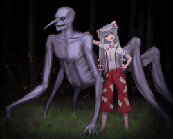 Rule 34 | 1girl, baggy pants, bow, bright pupils, collared shirt, dress shirt, fujiwara no mokou, grey hair, hair bow, hand on another&#039;s shoulder, hand on own hip, head tilt, highres, long hair, looking at viewer, lower teeth only, monster, multiple hair bows, ofuda, ofuda on clothes, pants, red eyes, red footwear, red pants, round teeth, shirt, shirt tucked in, short hair, sleeves rolled up, suspenders, teeth, touhou, white shirt, wuschelminityp