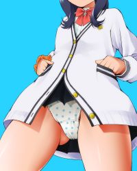 Rule 34 | 10s, 1girl, black hair, black skirt, blue background, bow, cardigan, commentary request, cover, crotch seam, dr rex, fake cover, gluteal fold, gridman universe, hands in pockets, head out of frame, long hair, long sleeves, microskirt, orange scrunchie, panties, pleated skirt, polka dot, polka dot panties, red bow, scrunchie, shirt, simple background, skirt, solo, ssss.gridman, takarada rikka, translation request, underwear, white cardigan, white panties, white shirt, wrist scrunchie