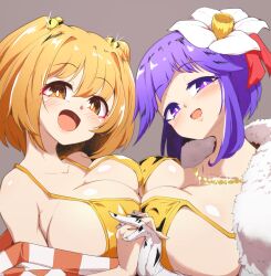 Rule 34 | 2girls, asymmetrical docking, bell, bra, breast press, breasts, checkered clothes, checkered kimono, coat, elbow gloves, flower, gloves, gold, hair bell, hair flower, hair ornament, hieda no akyuu, highres, holding hands, japanese clothes, jewelry, kimono, large breasts, motoori kosuzu, multiple girls, necklace, pandain, purple hair, short hair, sidelocks, smile, touhou, two side up, underwear