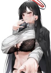 Rule 34 | 1girl, black bra, black hair, black panties, blue archive, blush, bra, breasts, closed mouth, cowboy shot, groin, hair ornament, hairpin, halo, highres, large breasts, long hair, long sleeves, looking at viewer, panties, poharo, red eyes, rio (blue archive), simple background, solo, sweater, turtleneck, turtleneck sweater, underwear, white background, white sweater