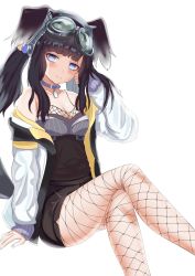 Rule 34 | animal ears, black hair, blue archive, blue eyes, blush, breasts, cleavage, collar, collarbone, commentary request, dog ears, dog tail, fishnet legwear, fishnets, goggles, goggles on head, hibiki (blue archive), highres, jacket, crossed legs, low twintails, medium breasts, sitting, small breasts, solo, tail, tsuyusora, twintails, white background