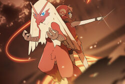 Rule 34 | 1girl, bandana, bike shorts, blaziken, blue eyes, brown hair, claws, closed mouth, commentary request, creatures (company), game freak, gen 3 pokemon, gloves, highres, holding, holding poke ball, itsutsuki, kneepits, may (pokemon), nintendo, outstretched arm, poke ball, poke ball print, pokemon, pokemon (creature), pokemon adventures, red bandana, red shirt, shirt, skirt, sleeveless, sleeveless shirt, standing, white skirt