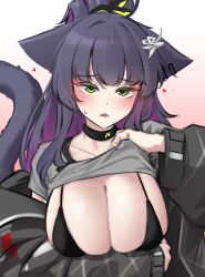 Rule 34 | 1girl, absurdres, animal ears, arknights, black bra, black choker, black hair, black jacket, blush, bra, breasts, cat ears, cat girl, cat tail, choker, cleavage, clothes lift, collarbone, colored inner hair, commentary, ears down, english commentary, gradient background, green eyes, grey shirt, hair ornament, heart, highres, jacket, jessica (arknights), jessica the liberated (arknights), k0ng, large breasts, lifted by self, long sleeves, looking at viewer, multicolored hair, off shoulder, ponytail, puffy long sleeves, puffy sleeves, purple hair, shirt, shirt lift, short sleeves, simple background, solo, sweat, tail, underwear, upper body