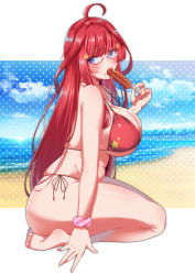 Rule 34 | 1girl, ahoge, artist request, beach, bikini, blue eyes, blush, breasts, corn dog, eating, go-toubun no hanayome, hair ornament, highres, large breasts, long hair, looking at viewer, nakano itsuki, plump, red-framed eyewear, red hair, sitting, solo, strap gap, swimsuit, thick thighs, thighs