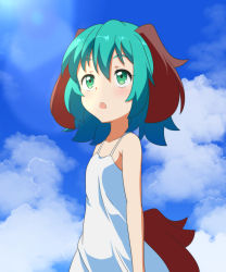 Rule 34 | 1girl, alternate costume, animal ears, blush, camisole, cato (monocatienus), cloud, cloudy sky, day, dog ears, dog tail, green eyes, green hair, hair between eyes, highres, kasodani kyouko, open mouth, short hair, sky, solo, spaghetti strap, tail, touhou, upper body, white camisole
