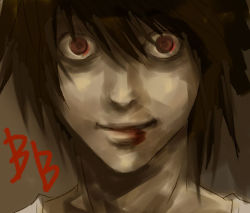 Rule 34 | 00s, 1boy, beyond birthday, black hair, blood, creepy, dark persona, death note, horror (theme), l (death note), male focus, portrait, realistic, red eyes, sepia, smile, solo, staring, you gonna get raped