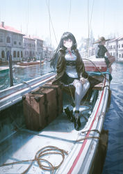 Rule 34 | 1boy, 1girl, 2others, bag, black dress, black footwear, black hair, blue sky, boat, boots, building, cigarette, clear sky, doll joints, dress, hat, highres, holding, holding cigarette, jacket, joints, leather, leather jacket, long hair, maid, multiple others, original, outdoors, over-kneehighs, parted lips, reoen, ribbon, rope, sitting, sky, smoking, straw hat, suitcase, thighhighs, venice, watercraft, white thighhighs