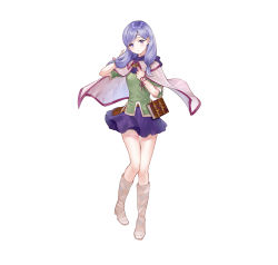 Rule 34 | 1girl, absurdres, arm behind head, belt pouch, blush, book, boots, cape, capelet, circlet, commentary request, fire emblem, fire emblem: path of radiance, fire emblem heroes, hand on own chest, hand up, hanekoto, highres, ilyana (fire emblem), jewelry, knee boots, long hair, looking at viewer, miniskirt, nintendo, official art, pouch, purple eyes, purple hair, purple skirt, short sleeves, simple background, skirt, solo, standing, white background, white footwear