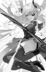 Rule 34 | 1girl, ataru (cha2batake), black thighhighs, elbow gloves, eyepatch, fischl (genshin impact), genshin impact, gloves, greyscale, highres, looking at viewer, monochrome, solo, thighhighs