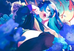 Rule 34 | 1girl, bad id, bad twitter id, black thighhighs, blue eyes, blue flower, blue hair, blurry, blurry foreground, cross, cross earrings, depth of field, earrings, fangs, flower, hair between eyes, hand on own face, highres, jewelry, long hair, long sleeves, looking at viewer, nail polish, off-shoulder shirt, off shoulder, one eye closed, open mouth, original, over-kneehighs, purple nails, rubbing eyes, shirt, shorts, sion001250, solo, tearing up, thighhighs, yawning