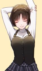 Rule 34 | 1girl, arms up, braid, brown hair, buttons, closed eyes, closed mouth, crown braid, dot nose, eyelashes, highres, kureha jhsh, niijima makoto, persona, persona 5, short hair, simple background, smile, solo, suspenders, sweater, turtleneck, turtleneck sweater, white sweater, yellow background