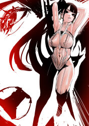 Rule 34 | 1girl, absurdres, armpits, arms up, black hair, bodysuit, breasts, covered navel, earrings, eve (stellar blade), highres, impossible bodysuit, impossible clothes, jch2908, jewelry, korean commentary, large breasts, long hair, looking at viewer, official alternate costume, ponytail, see-through, see-through bodysuit, side ponytail, skin suit (stellar blade), solo, stellar blade, two-tone bodysuit, very long hair