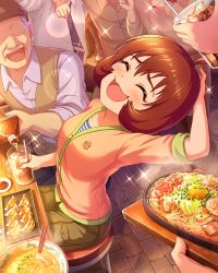 Rule 34 | blush, cup, drinking glass, closed eyes, faceless, faceless male, food, highres, idolmaster, idolmaster cinderella girls, official art, open mouth, producer (idolmaster), red hair, short hair, smile, ueda suzuho