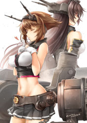 Rule 34 | 10s, 2girls, antennae, back-to-back, bare arms, bare shoulders, breasts, brown eyes, brown hair, covered erect nipples, finger to mouth, gloves, hair ornament, hands on own chest, heart, kantai collection, large breasts, long hair, machinery, mecha musume, midriff, miniskirt, multiple girls, mutsu (kancolle), nagato (kancolle), navel, okitakung, one eye closed, red eyes, shirt, shushing, skirt, very long hair, white gloves