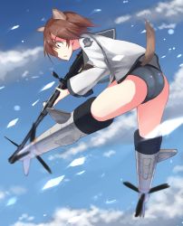 Rule 34 | 501st joint fighter wing (emblem), animal ears, ass, blouse, blue one-piece swimsuit, blue sailor collar, blue sky, blurry, blurry background, brown eyes, brown hair, cloud, cloudy sky, commentary, depth of field, dog ears, dog tail, flying, frown, gun, holding, holding gun, holding weapon, leaning forward, long sleeves, machine gun, military, military uniform, miyafuji yoshika, motion blur, no pants, one-piece swimsuit, open mouth, sailor, sailor collar, school swimsuit, shirt, short hair, sky, strike witches, striker unit, swimsuit, swimsuit under clothes, tail, tsuru (tsubasa1993621), type 99 cannon, uniform, weapon, white shirt, world witches series