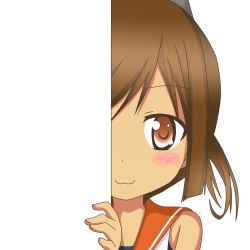 Rule 34 | 10s, 1girl, :3, blush stickers, brown eyes, brown hair, i-401 (kancolle), kantai collection, looking at viewer, nagineko, peeking out, school uniform, serafuku, solo, swimsuit, swimsuit under clothes, transparent background