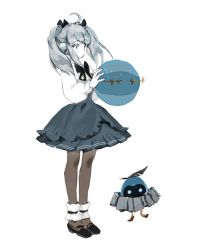 Rule 34 | 1girl, bird, black legwear, blue eyes, blue hair, citrontou, long hair, long sleeves, looking to the side, lord of heroes, mu (lord of heroes), pale skin, planet, shirt, skirt, solo, twintails, white background, white shirt