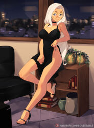 Rule 34 | 1girl, artist name, bare arms, bare legs, bare shoulders, black choker, black dress, black footwear, book, breasts, choker, collarbone, commentary, dress, earrings, english commentary, full body, glasses, groin, high heels, highres, hoop earrings, indoors, jewelry, june (squeezable), large breasts, legs, long hair, looking at viewer, mole, mole on breast, night, no socks, original, patreon username, plant, potted plant, round eyewear, shoes, side slit, sleeveless, sleeveless dress, solo, squeezable (squeezabledraws), thick eyebrows, toes, very long hair, white hair, window, yellow-framed eyewear