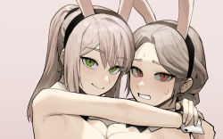 Rule 34 | 2girls, animal ears, black bow, black bowtie, black hairband, bow, bowtie, breasts, character request, cleavage, detached collar, fake animal ears, gogalking, green eyes, grey hair, hairband, looking at viewer, multiple girls, original, ponytail, portrait, rabbit ears, red eyes, sleeveless, wrist cuffs