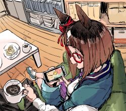 Rule 34 | 1girl, 1other, animal ears, black pants, bookshelf, box, brown hair, cardboard box, cellphone, coffee, couch, cup, e-ncyo, ear ornament, glasses, green jacket, highres, holding, holding cup, holding phone, horse ears, indoors, jacket, long sleeves, open mouth, pants, phone, plate, pov, red eyes, shirt, shoes, short hair, sitting, smile, socks, steam, table, transcend (umamusume), umamusume, white shirt, white socks