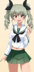 Rule 34 | 10s, 1girl, :d, absurdres, anchovy (girls und panzer), black neckerchief, black ribbon, blouse, commentary request, cowboy shot, drill hair, girls und panzer, green hair, green skirt, hair ribbon, highres, long hair, long sleeves, looking at viewer, midriff, miniskirt, navel, neckerchief, ooarai school uniform, open mouth, pleated skirt, pointing, pointing up, red eyes, ribbon, school uniform, serafuku, shirt, skirt, smile, solo, standing, tan background, tarokichi, twin drills, twintails, white shirt