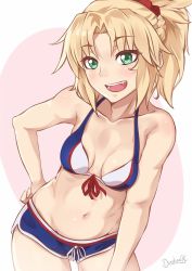 Rule 34 | 1girl, :d, bikini, blonde hair, blue bikini, blush, breasts, darahan, fang, fate/grand order, fate (series), front-tie bikini top, front-tie top, gluteal fold, green eyes, hair ornament, hair scrunchie, hand on own hip, leaning forward, looking at viewer, medium breasts, medium hair, messy hair, mordred (fate), mordred (fate/apocrypha), mordred (swimsuit rider) (fate), navel, open mouth, ponytail, red scrunchie, scrunchie, side-tie bikini bottom, signature, smile, solo, swimsuit
