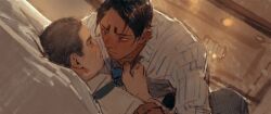 Rule 34 | 2boys, bed sheet, black eyes, black hair, blush, brown background, brown hair, chengongzi123, closed mouth, commentary, dark-skinned male, dark skin, facial hair, goatee stubble, golden kamuy, grey pants, highres, indoors, koito otonoshin, long sleeves, looking at another, lying, male focus, multiple boys, necktie, necktie grab, neckwear grab, on back, on bed, pants, pinned, shirt, short hair, striped clothes, striped shirt, stubble, symbol-only commentary, tsukishima hajime, upper body, very short hair, yaoi