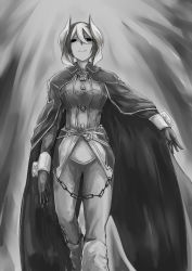 Rule 34 | 1girl, arm at side, black eyes, breasts, cape, gloves, hair between eyes, highres, large breasts, looking at viewer, made in abyss, monochrome, multicolored hair, ozen, short hair, shzsntma, smirk, solo