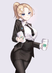 Rule 34 | 1girl, absurdres, black necktie, black pantyhose, black skirt, black suit, blonde hair, blue eyes, collared shirt, cup, dayshiart, formal, grey background, hair ornament, high-waist skirt, high ponytail, highres, holding, holding cup, hololive, hololive english, necktie, office lady, pantyhose, parted lips, pencil skirt, shirt, shirt tucked in, simple background, skirt, solo, standing, suit, virtual youtuber, watson amelia, white shirt